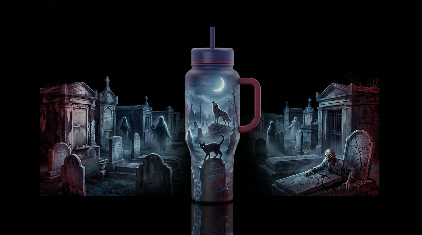 Creepy cemetery water bottle design