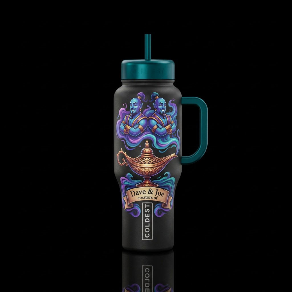 Magical lamp with two genies twins.  Dave and Joe ... water bottle design