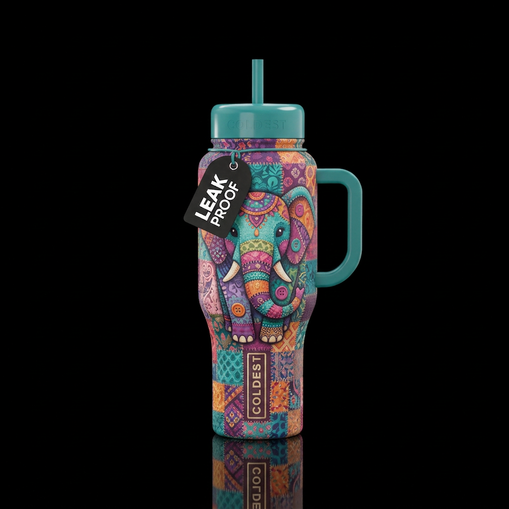 Patchy the elephant water bottle design