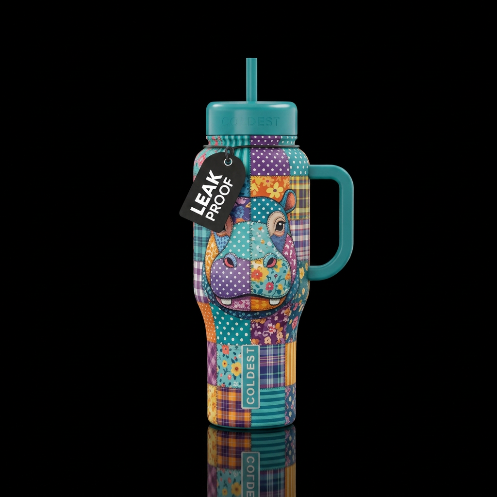 Patcy the hippo water bottle design