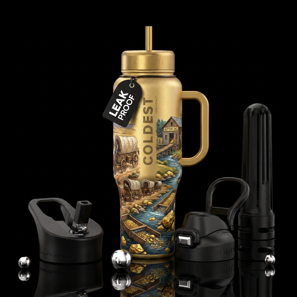 Wagon train , sutter's mill for the Gold Rush , go... water bottle design