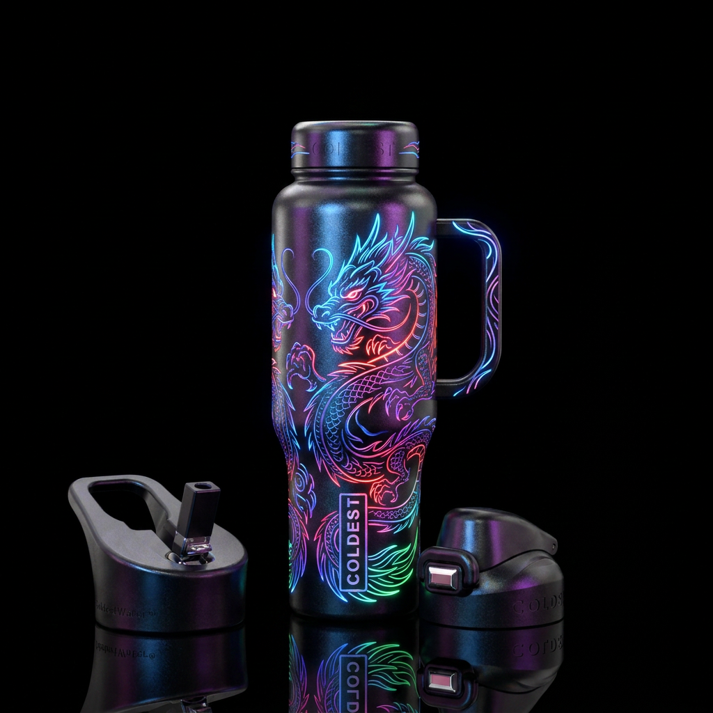 Pearlized black with etched glowie  Dragons water bottle design