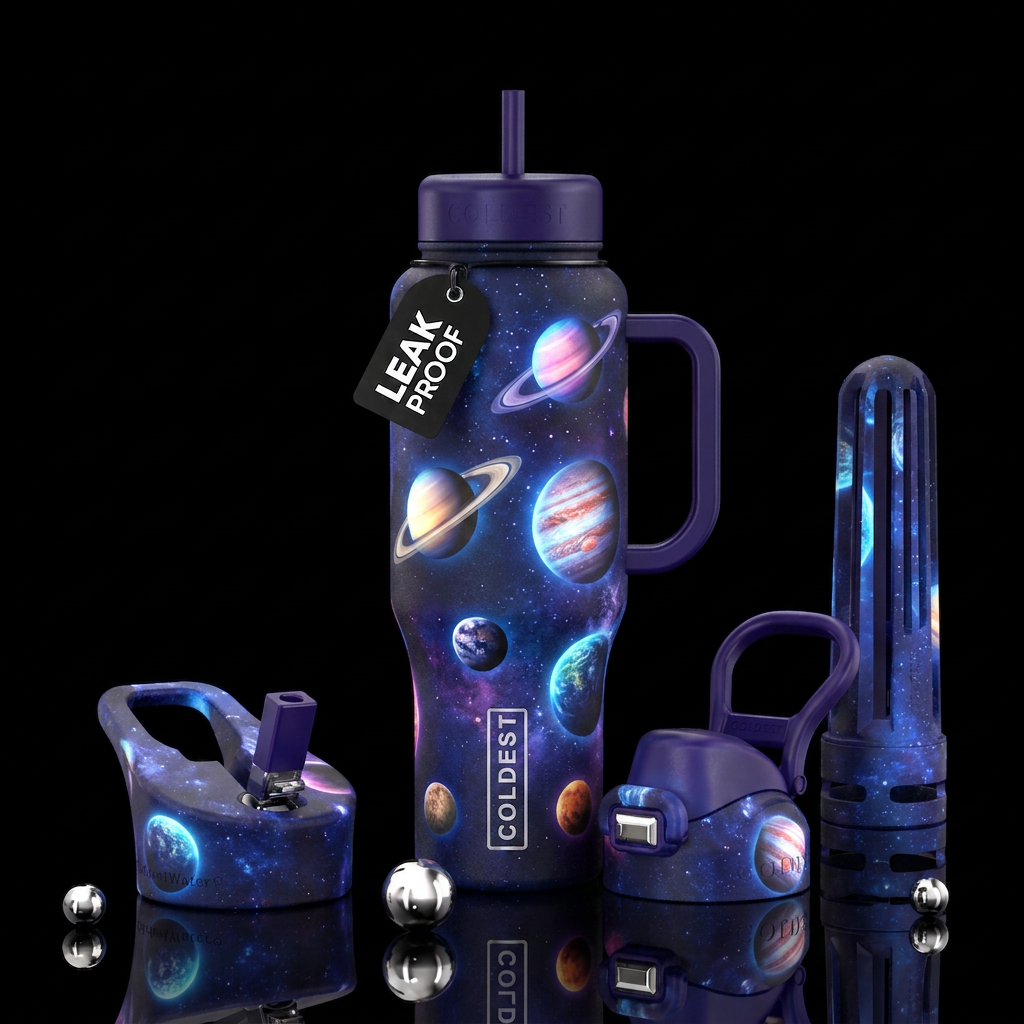 Glowing galaxy planets water bottle design