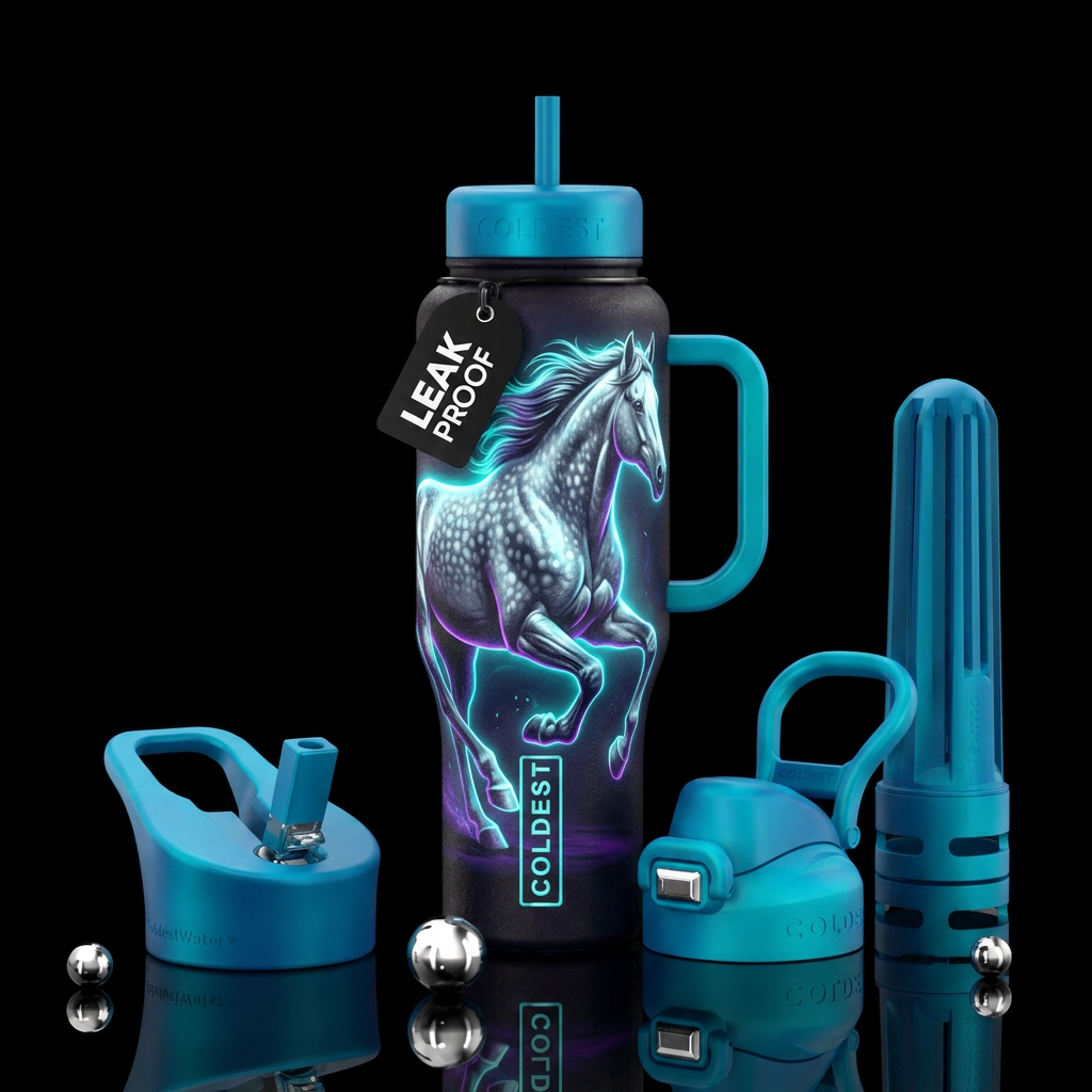 glowing  Dapple Grey race horse water bottle design