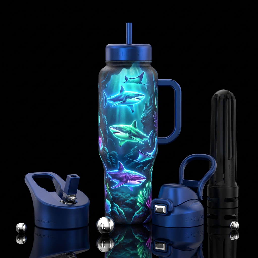 GLOWING SHARK AND STING RAY water bottle design