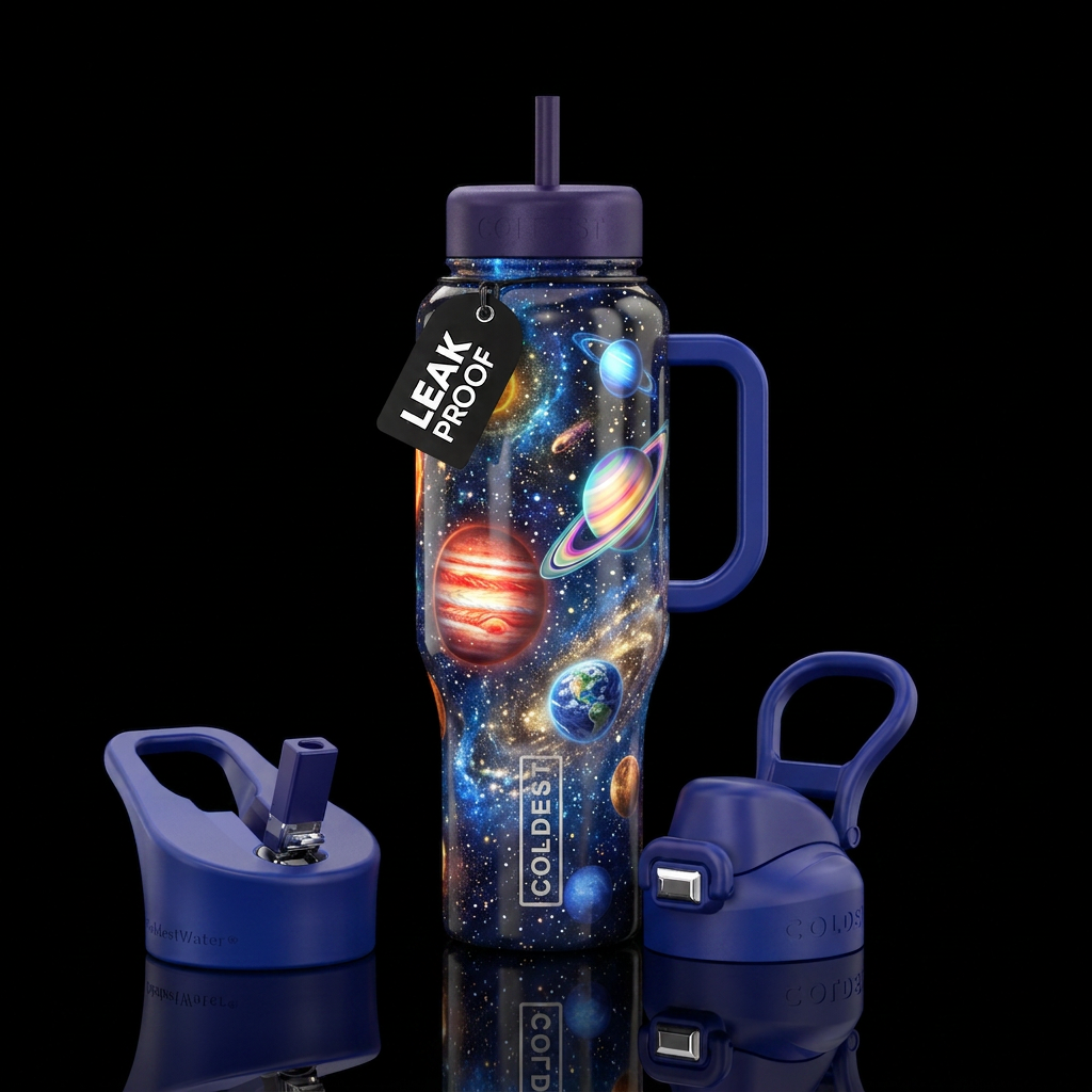 Glittering Glowing Solar system water bottle design