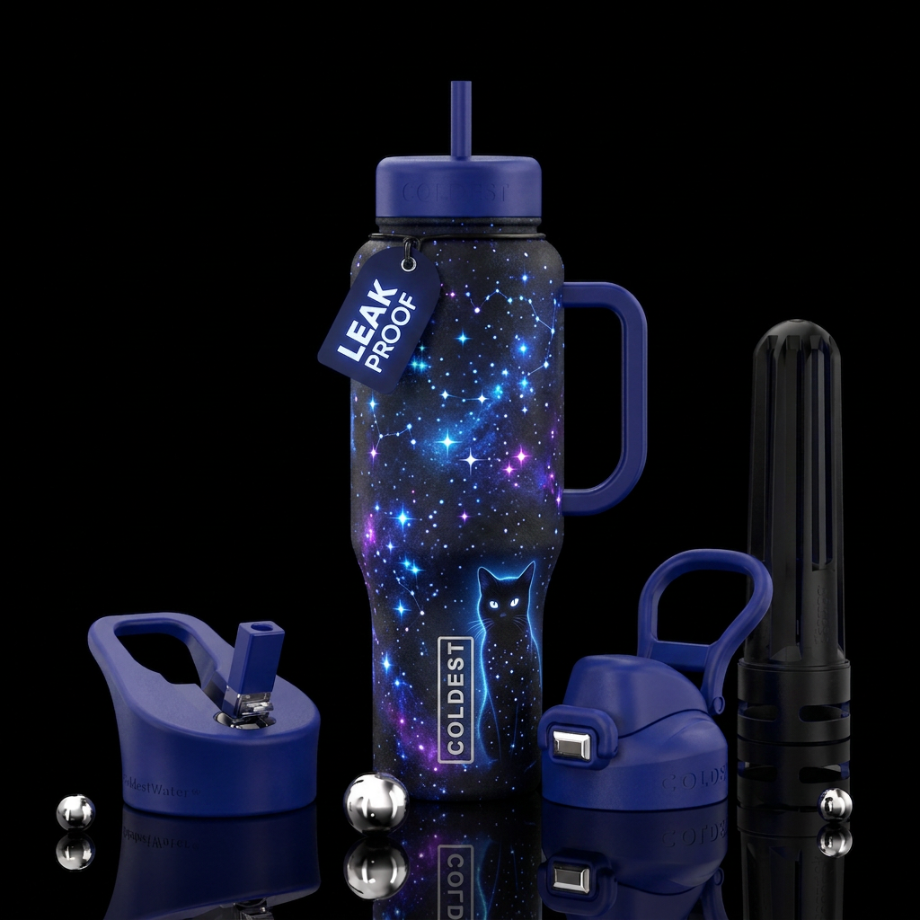 Glowing  Black cat Stars water bottle design