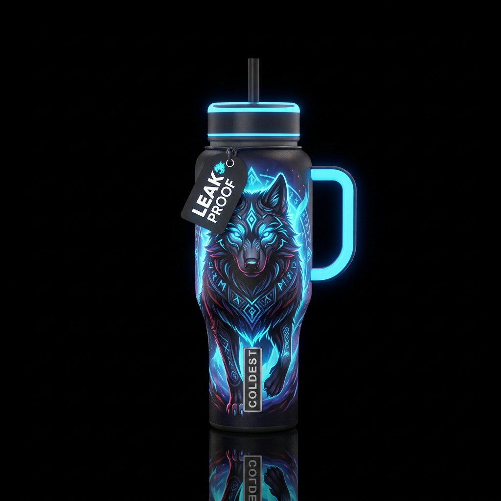 Glowing black wolf water bottle design
