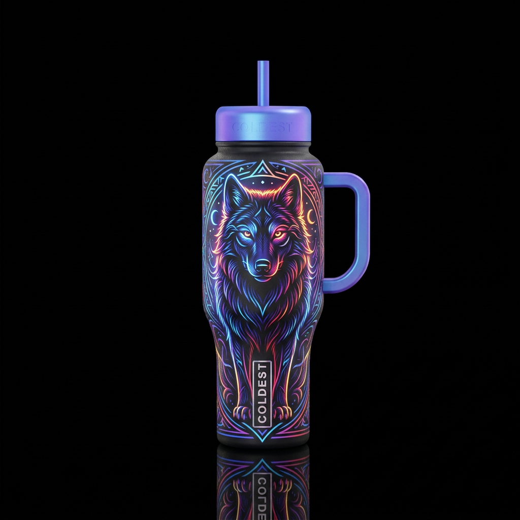 Glowing black wolf water bottle design