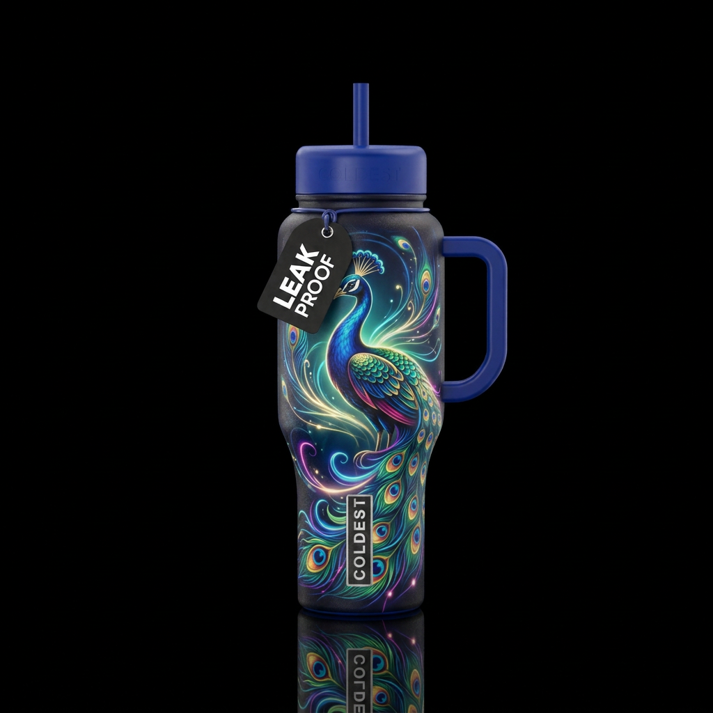 Peacock with swirling glow water bottle design