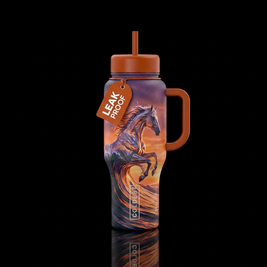 Horse made of water that looks like a wave at suns... water bottle design