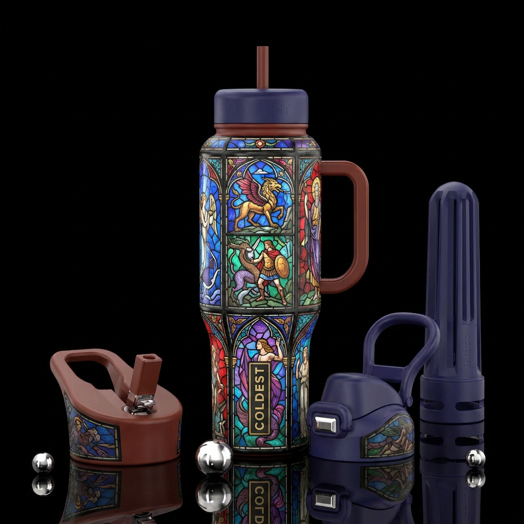Mythology stained glass water bottle design