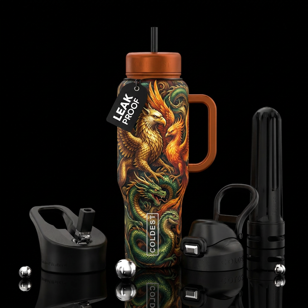 Griffin, phenix, dragon, basilisk, sirens, water bottle design