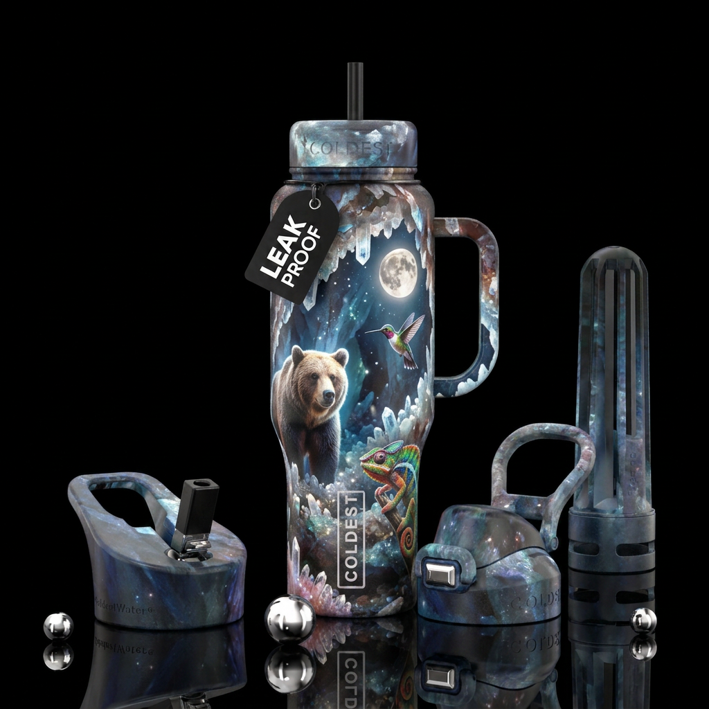 harvest moon, bear, hummingbird, chameleon, crysta... water bottle design