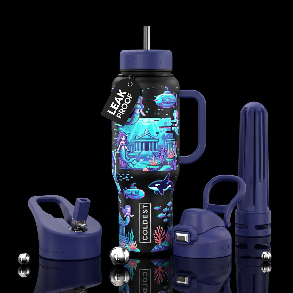 pixel art, atlantis, glitch water bottle design