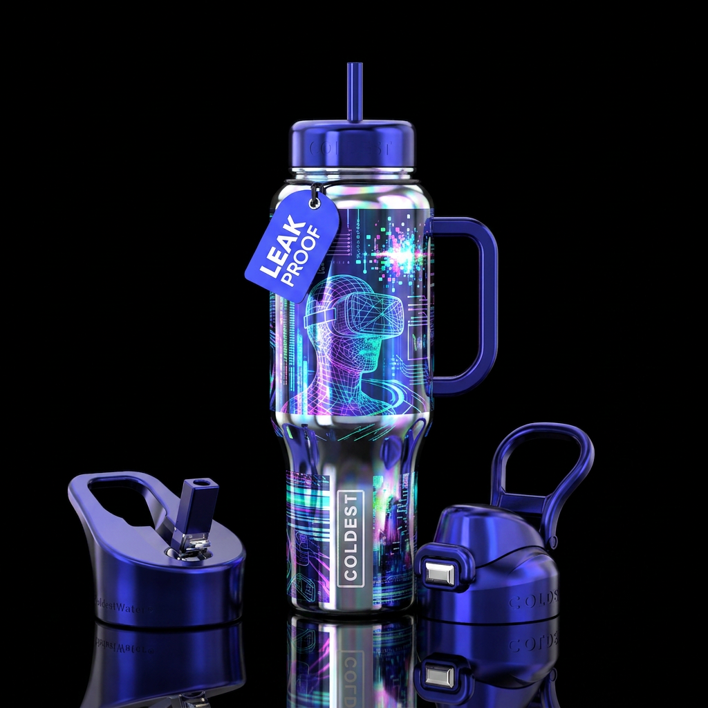 virtual reality, chrome water bottle design