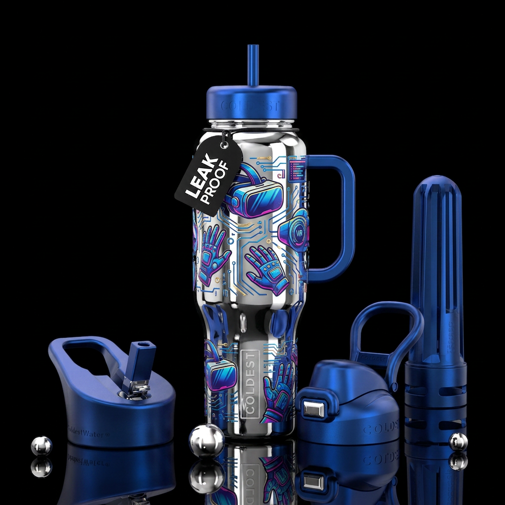 virtual reality, chrome water bottle design