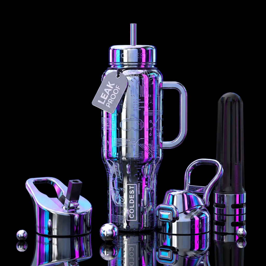 virtual reality, chrome water bottle design