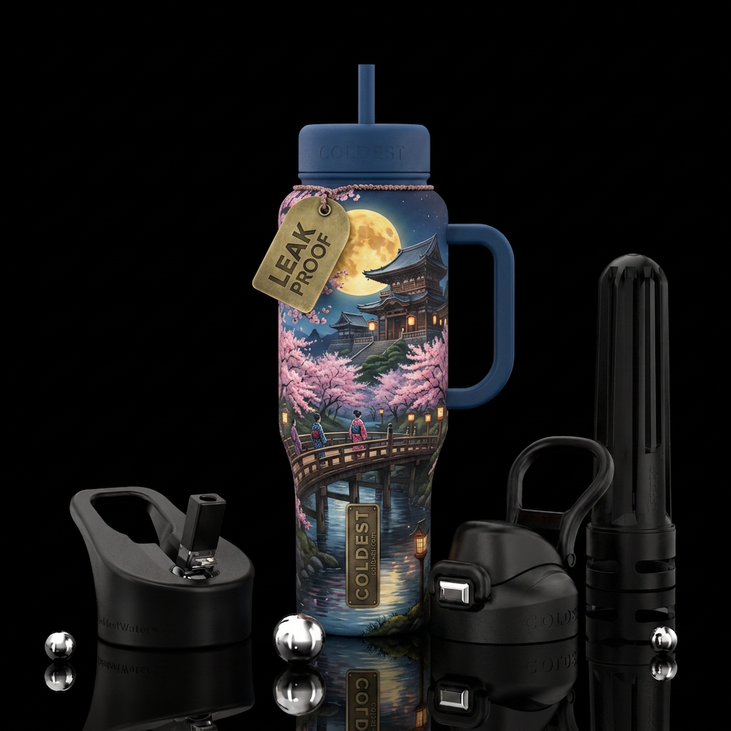 cherry blossom season, ancient, realism, harvest m... water bottle design