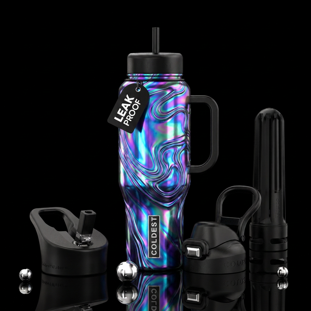 electric, irridescent, swirls, luxurious water bottle design