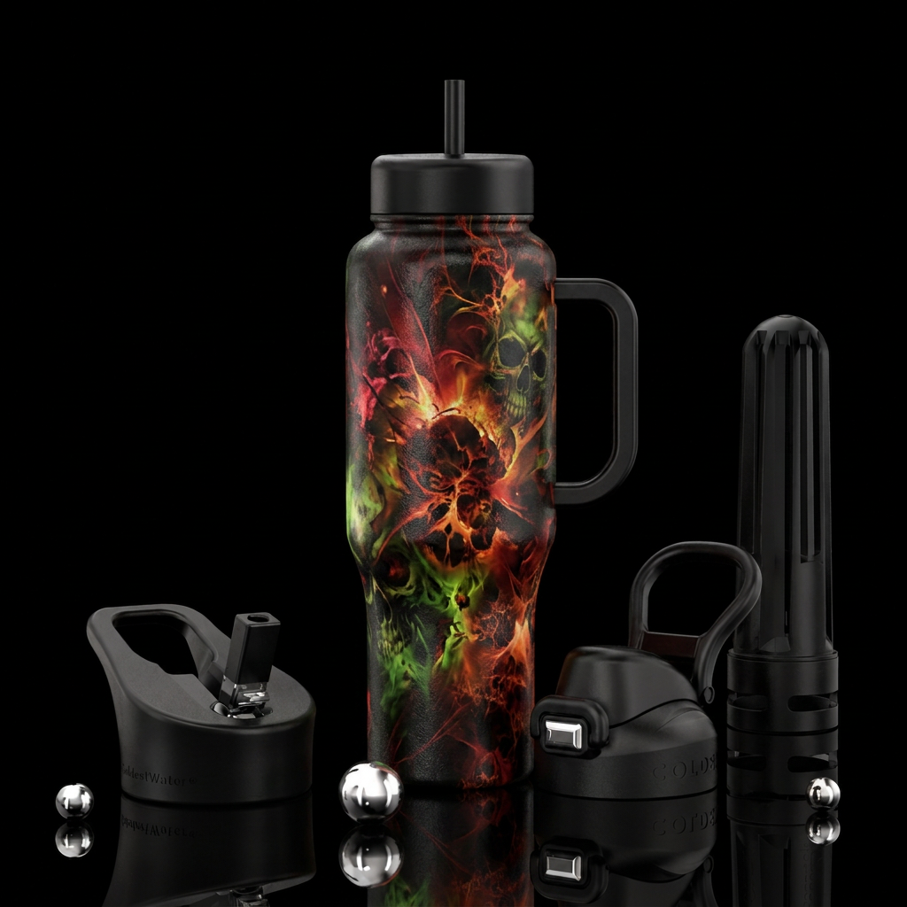 scary, explosive, dark mood water bottle design