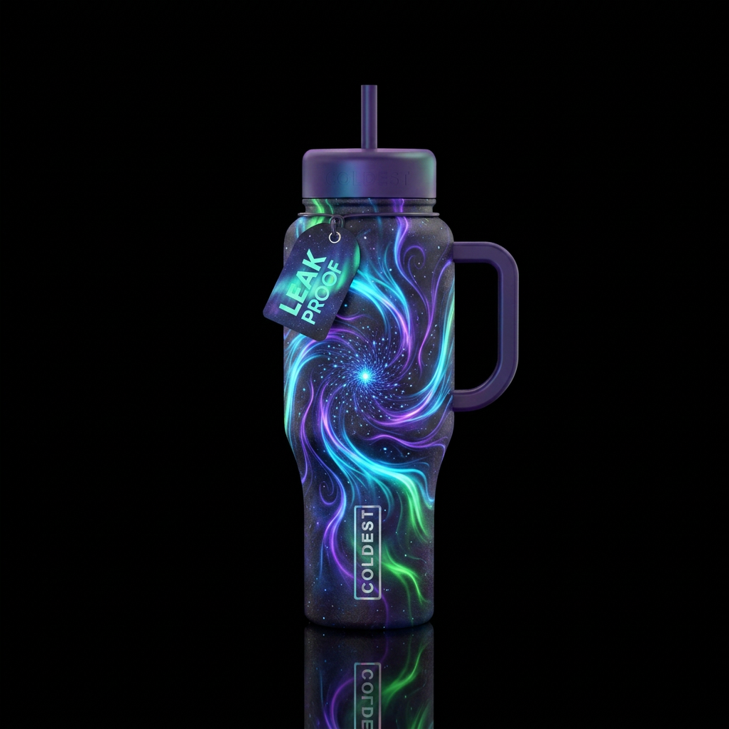 northern lights, glowie, singularity, dark mood, s... water bottle design