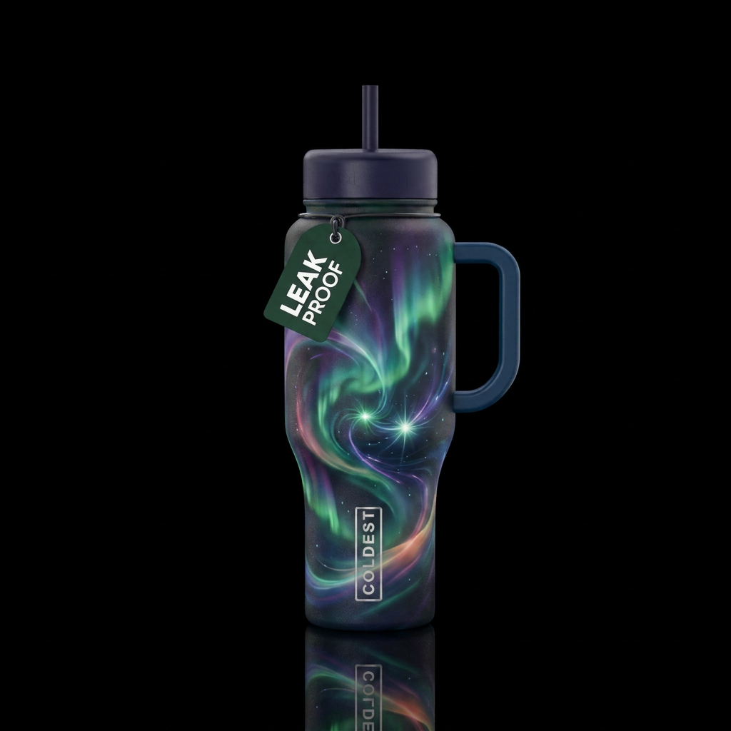 northern lights, glowie, singularity, dark mood, s... water bottle design