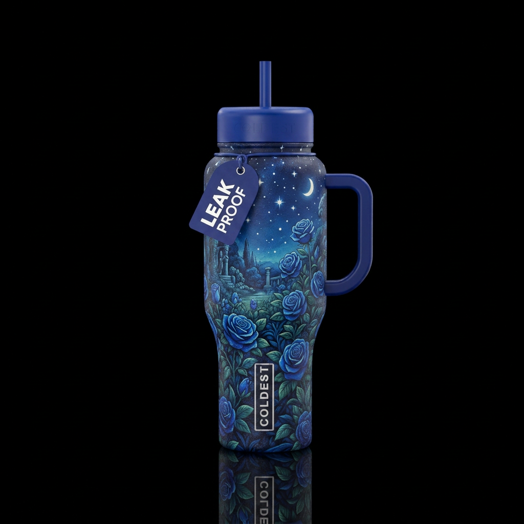 Blue roses in the garden of Eden on a starry night water bottle design