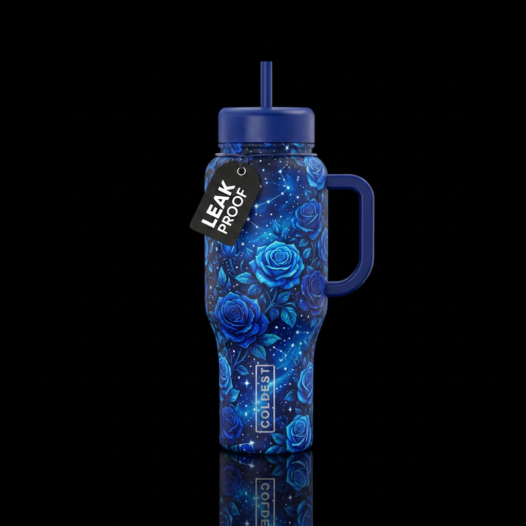Blue roses in the garden of Eden on a starry night water bottle design