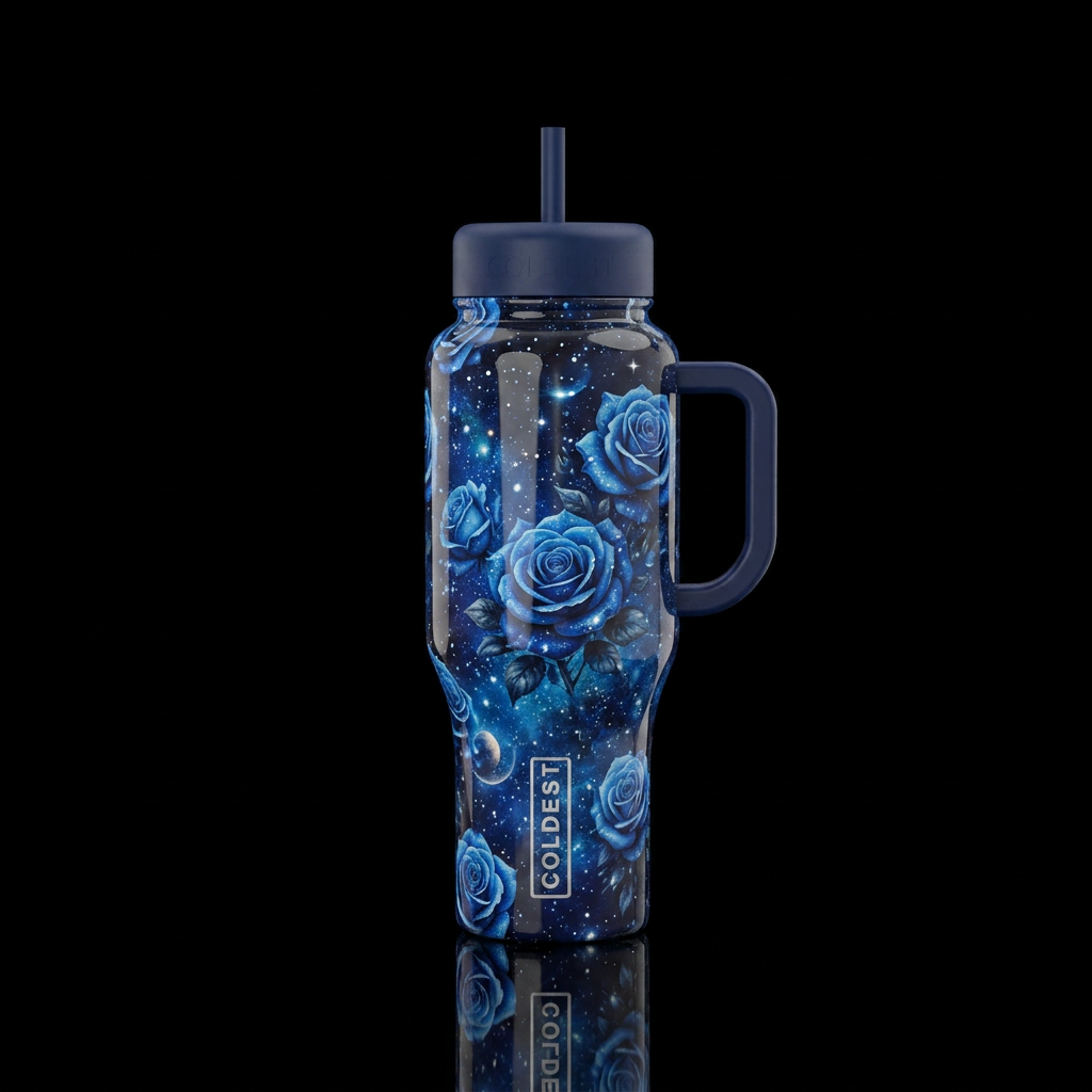 Blue roses under a starry sky, photorealistic, det... water bottle design