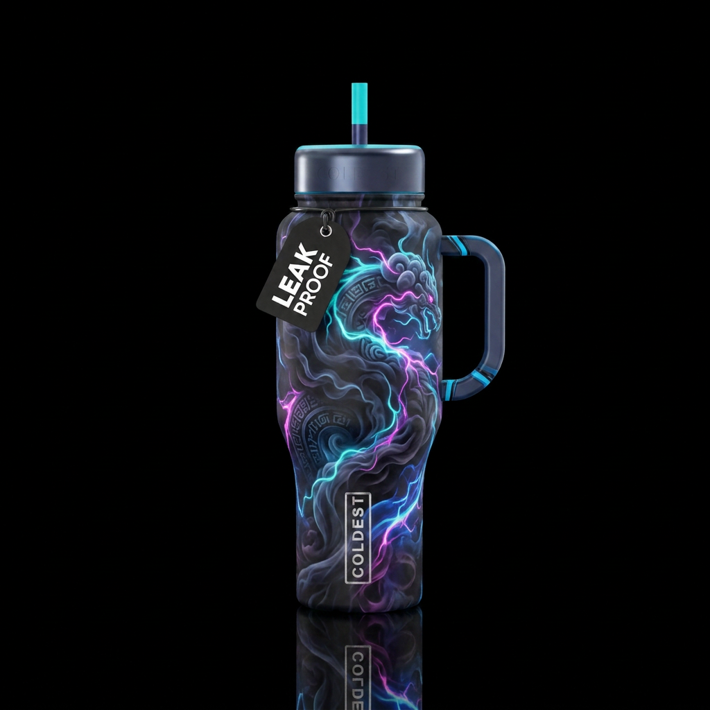dark mood, mythical, smoke, electric, realism water bottle design
