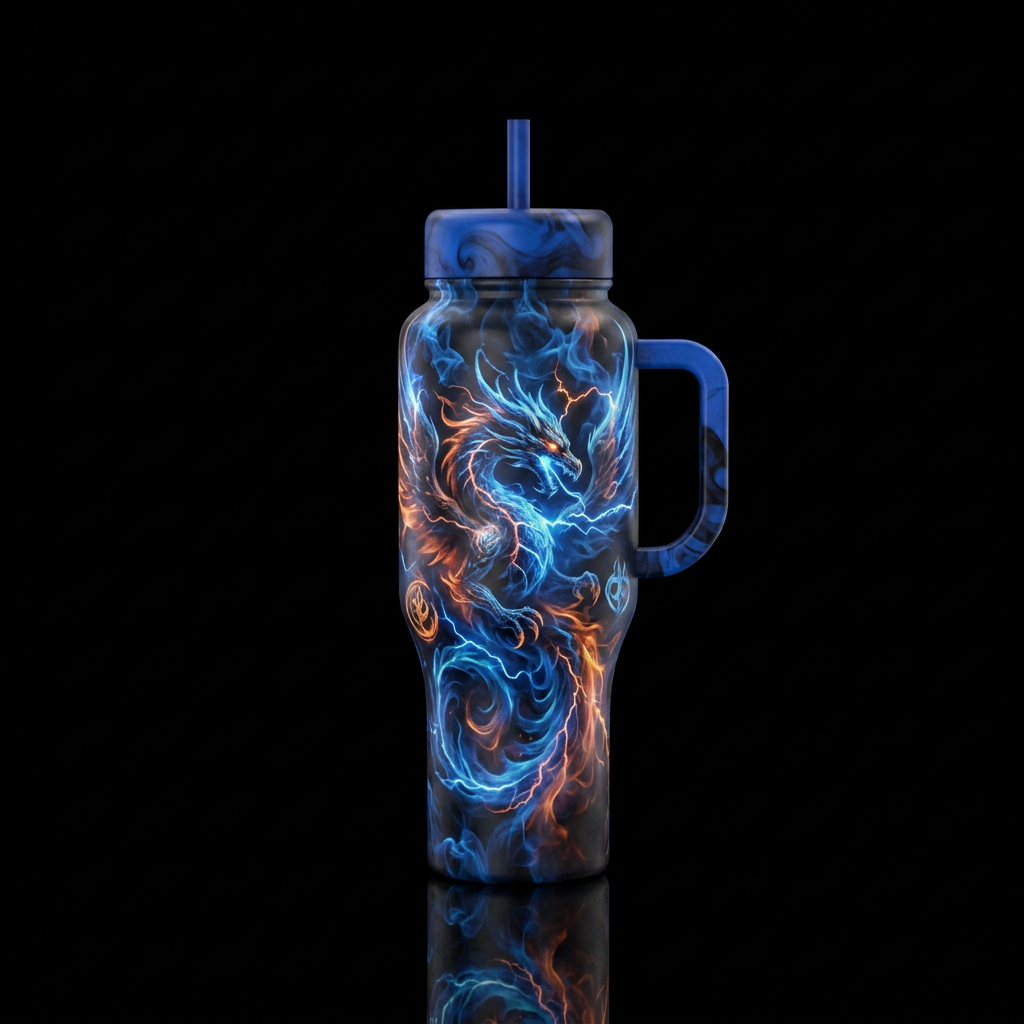 dark mood, mythical, smoke, electric, realism water bottle design