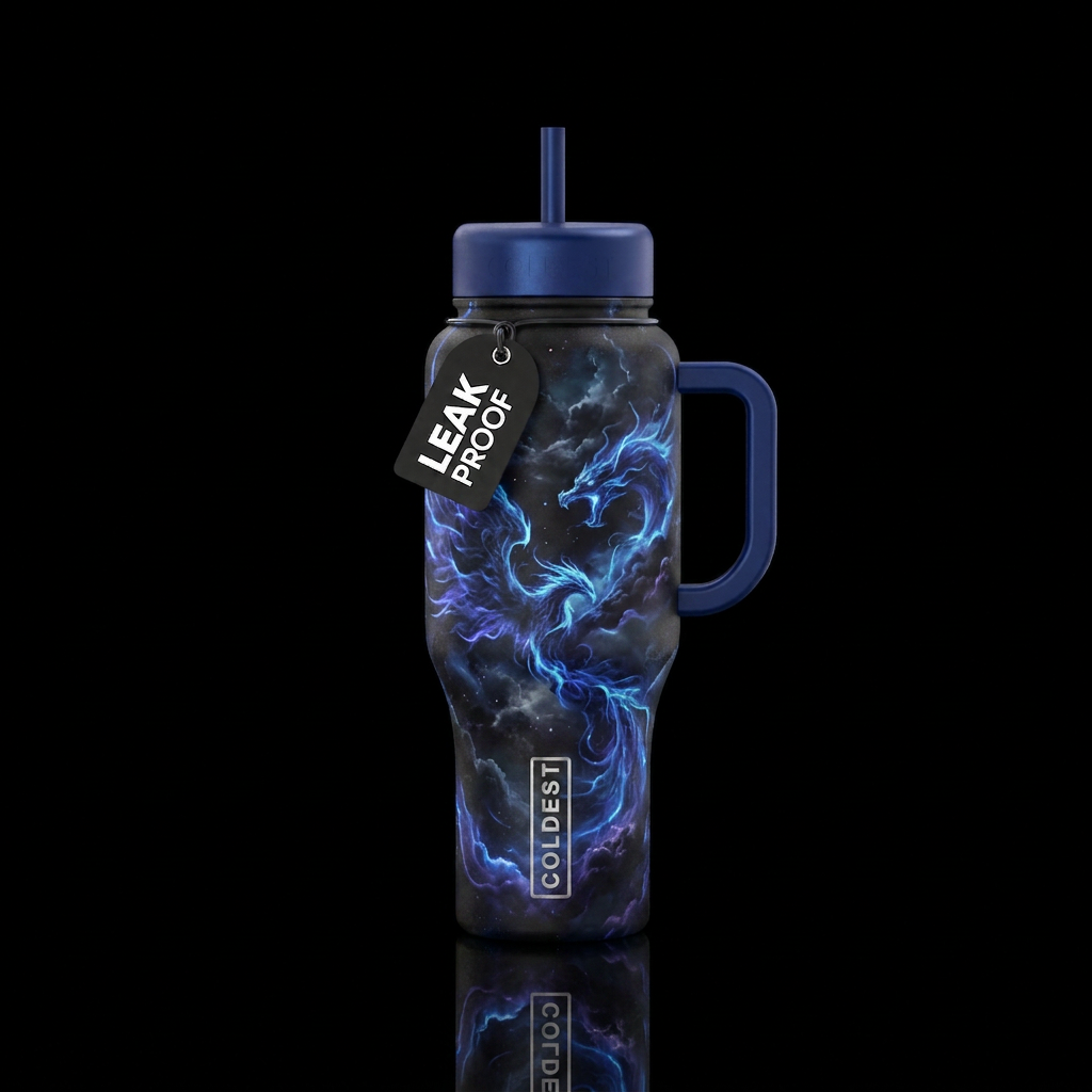 dark mood, mythical, smoke, electric, realism water bottle design