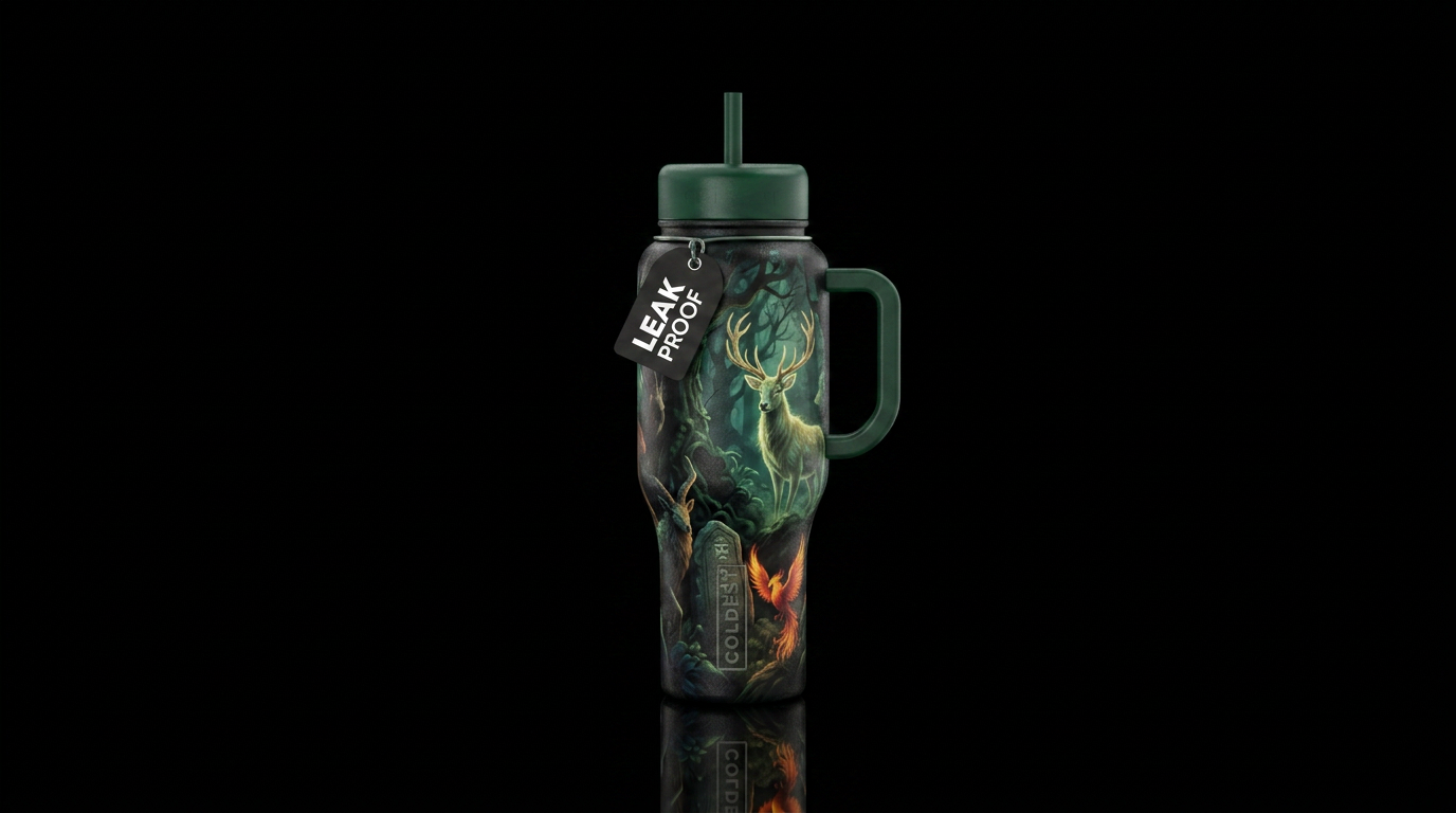 realism, dark mood, mythical water bottle design