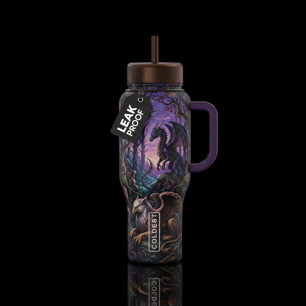 realism, dark mood, mythical water bottle design