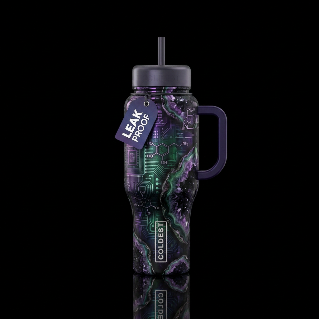 scientific, abstract, luxurious, dark mood water bottle design