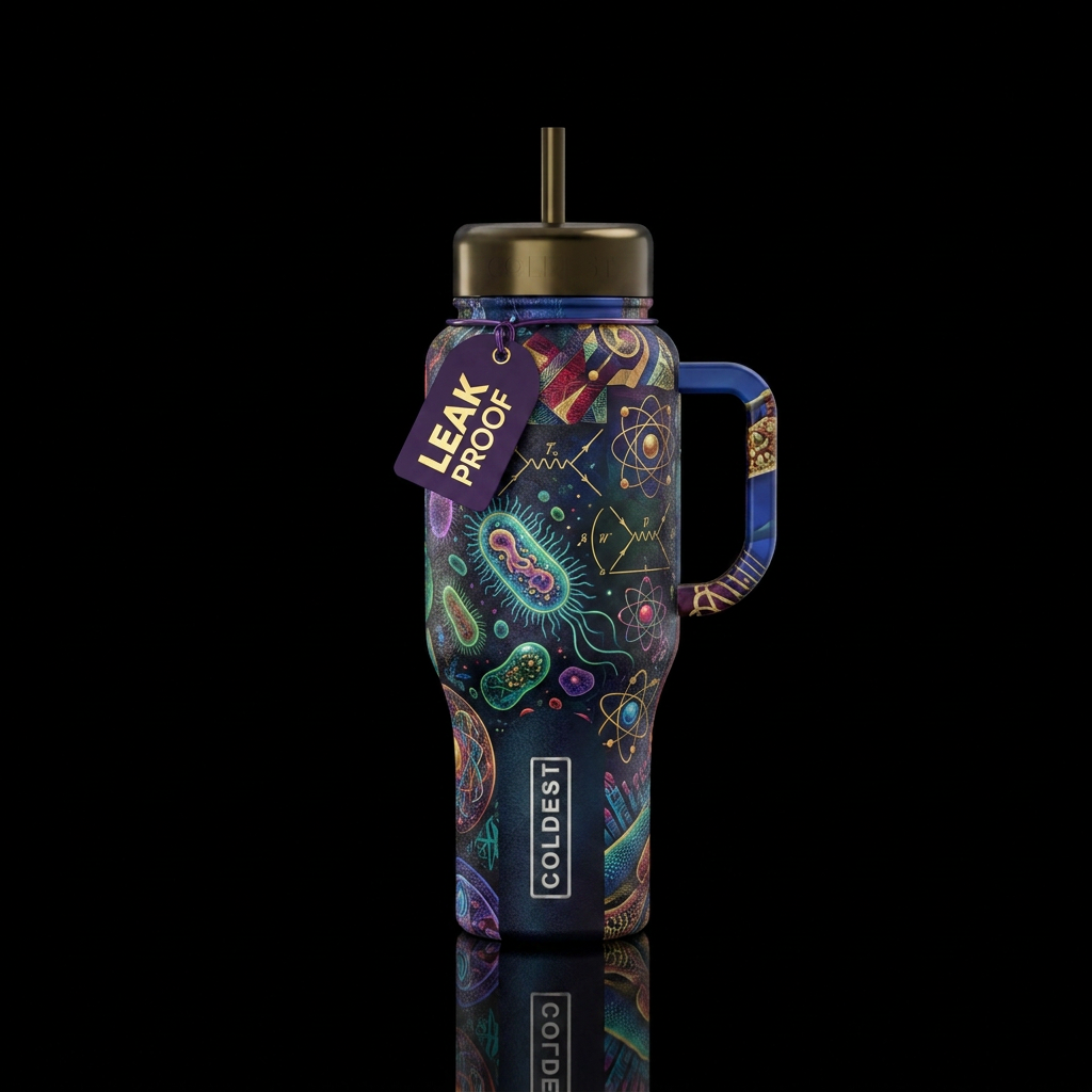 scientific, abstract, luxurious, dark mood water bottle design