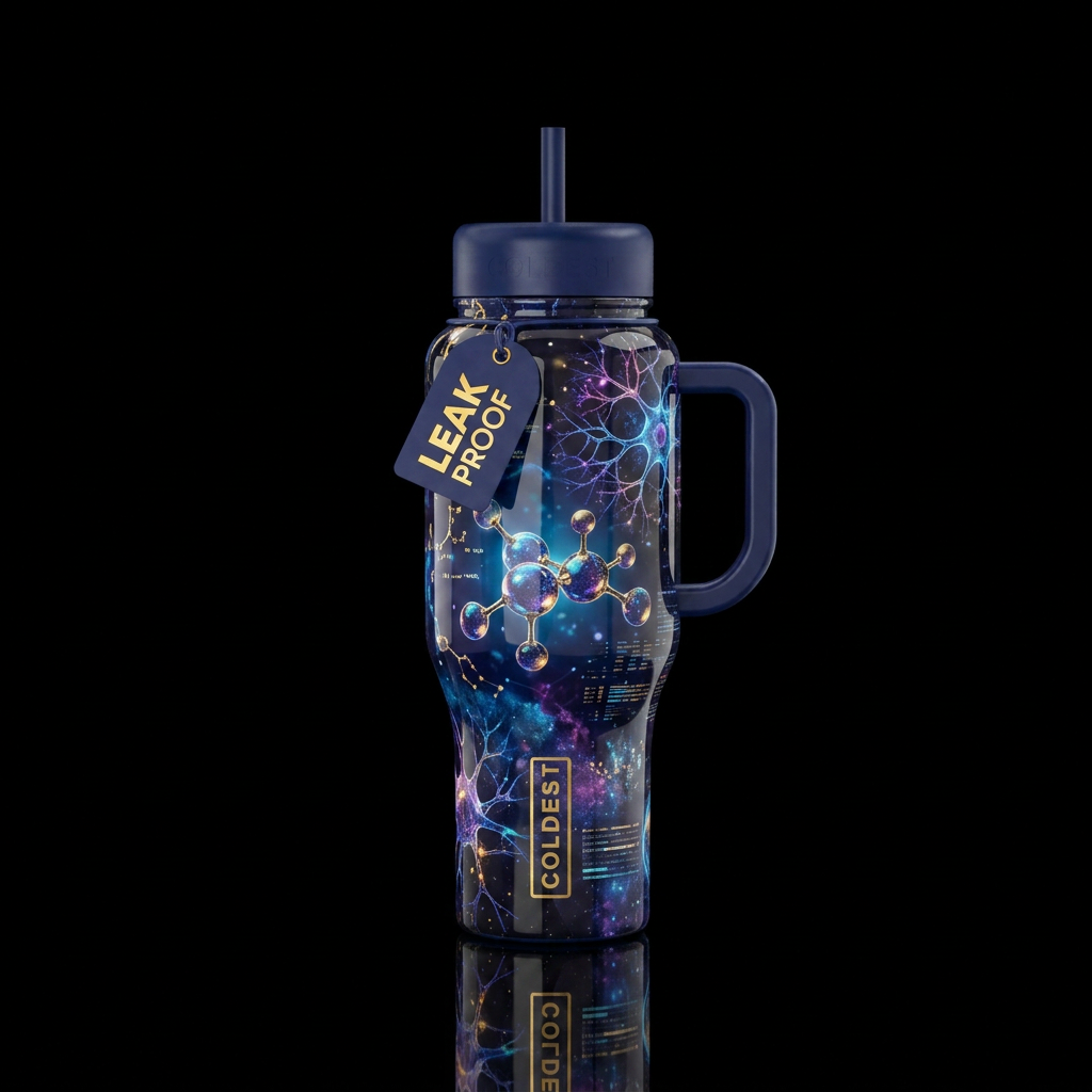 scientific, abstract, luxurious, dark mood water bottle design