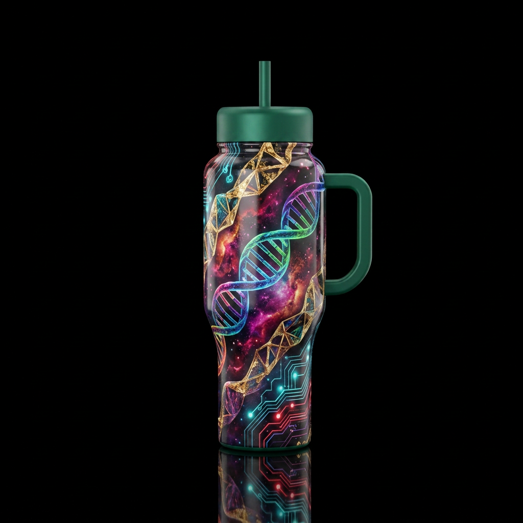 scientific, abstract, luxurious, dark mood water bottle design