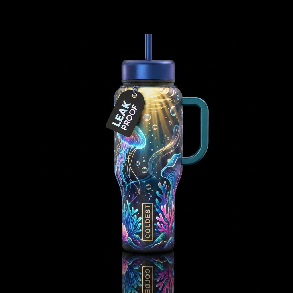 underwater, magical, abstract, luxurious water bottle design