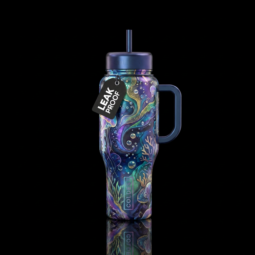 underwater, magical, abstract, luxurious water bottle design