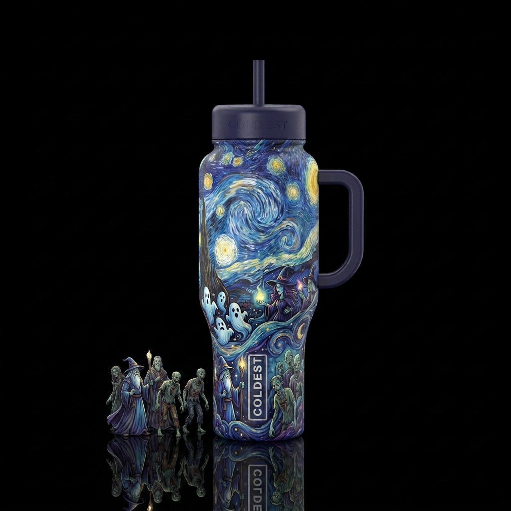 Starry Night painting them, ghosts, witches, wizar... water bottle design