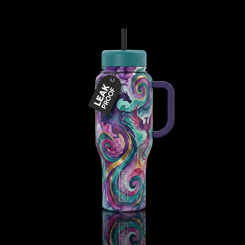 mythical, watercolor, vibrant, swirls water bottle design