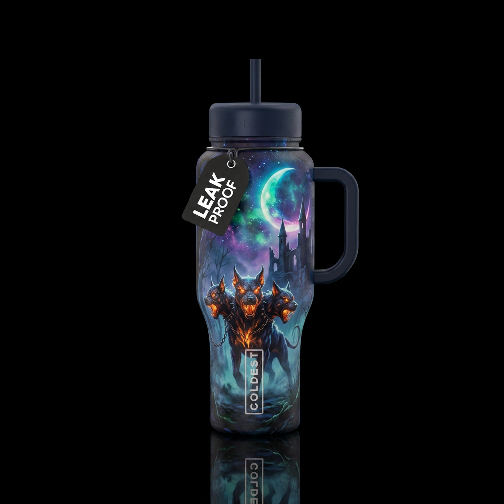 moonlit, cerberus, haunted, dark mood water bottle design