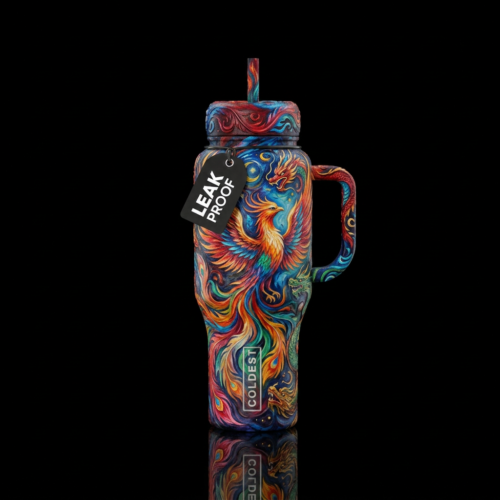 mythical, oil painted, watercolor, sculpted water bottle design