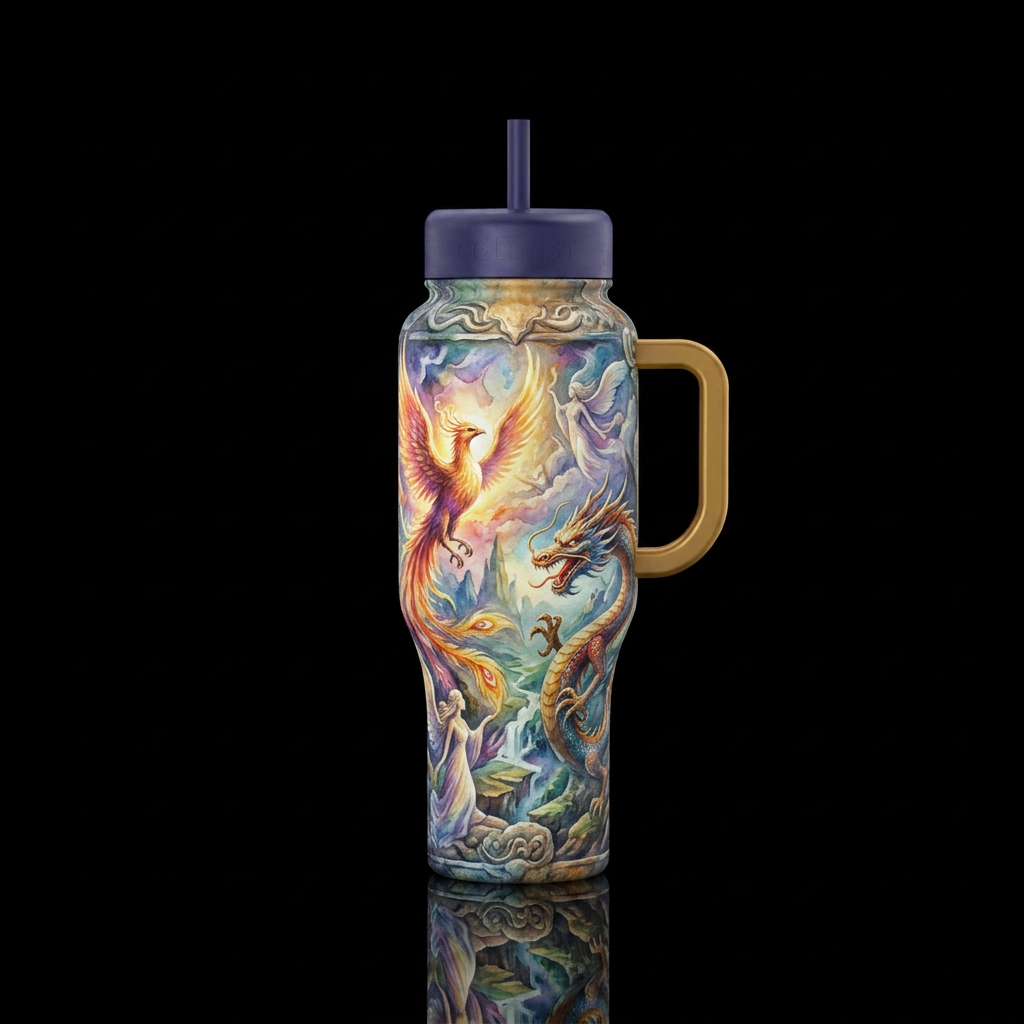 mythical, oil painted, watercolor, sculpted water bottle design