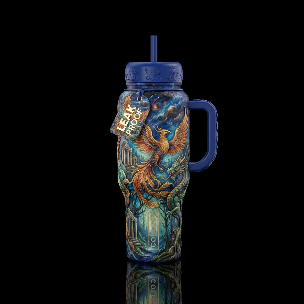 mythical, oil painted, watercolor, sculpted water bottle design