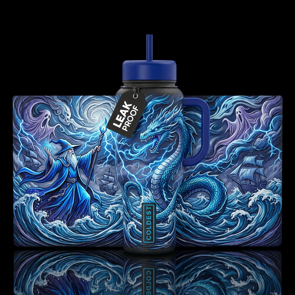 mythical, electric blue, sculpted, wizard, dragon,... water bottle design