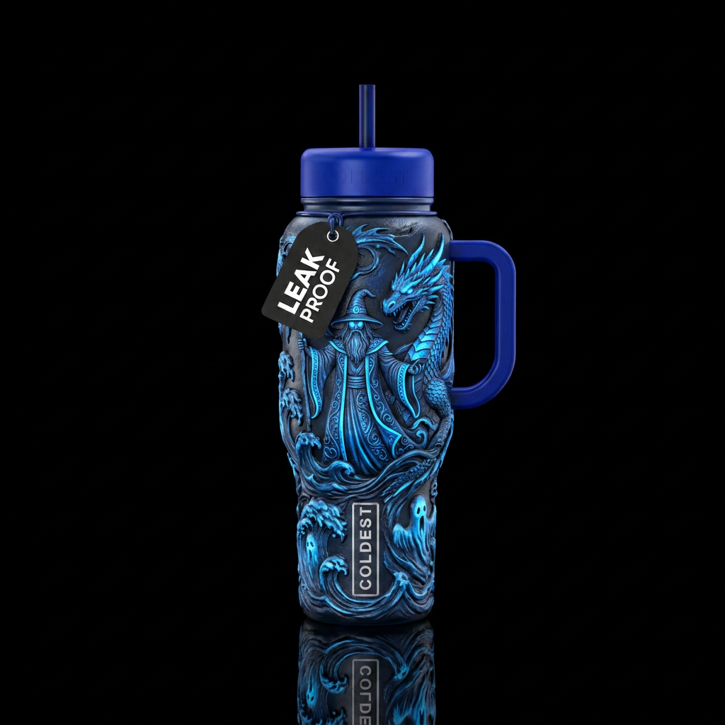 mythical, electric blue, sculpted, wizard, dragon,... water bottle design