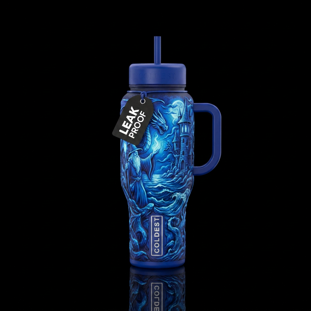 mythical, electric blue, sculpted, wizard, dragon,... water bottle design
